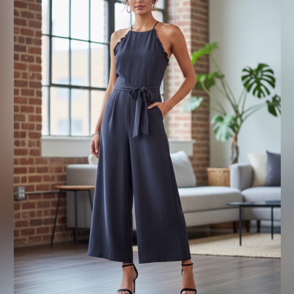 CeCe jumpsuit with‎ rufle accent night shadow blue sz 6 formal